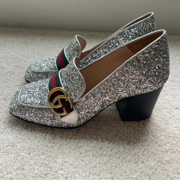 GUCCI Peyton Glitter Block Heel Loafers In Argento Silver - Picture 1 of 12